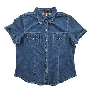 Arizona Jeans Co. Women's Shirt X-Large Blue Denim Pearl Snap Short Sleeve EUC